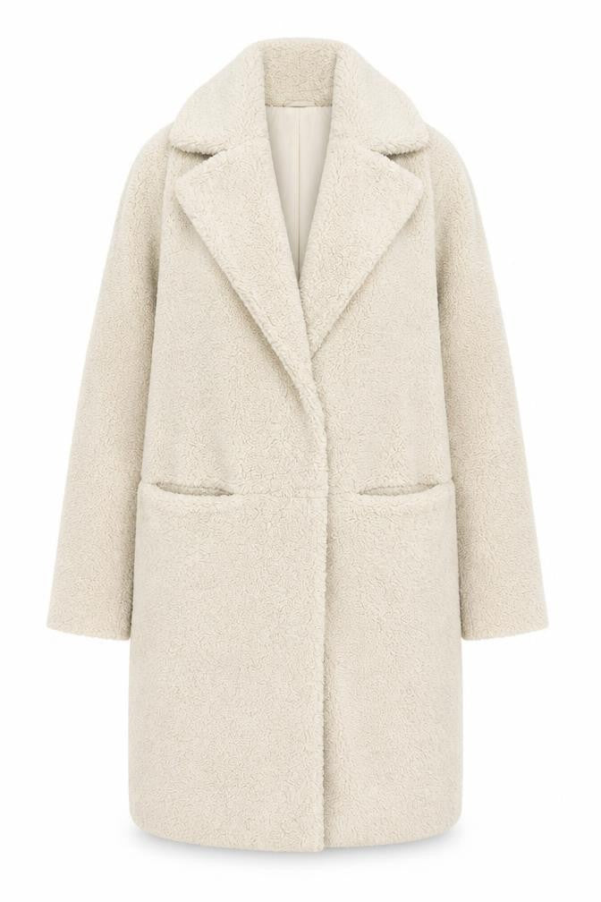 Front view of Next Women Beige Longline Belted Fleece Overcoat, size 6