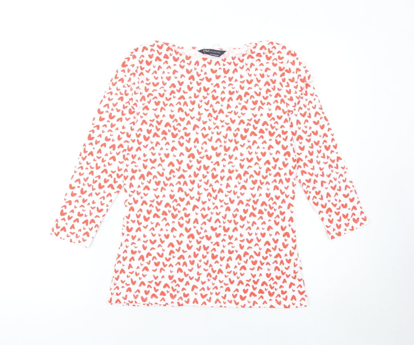 Marks and Spencer Women's White Red Heart Print Long Sleeve Cotton T-Shirt Size 10