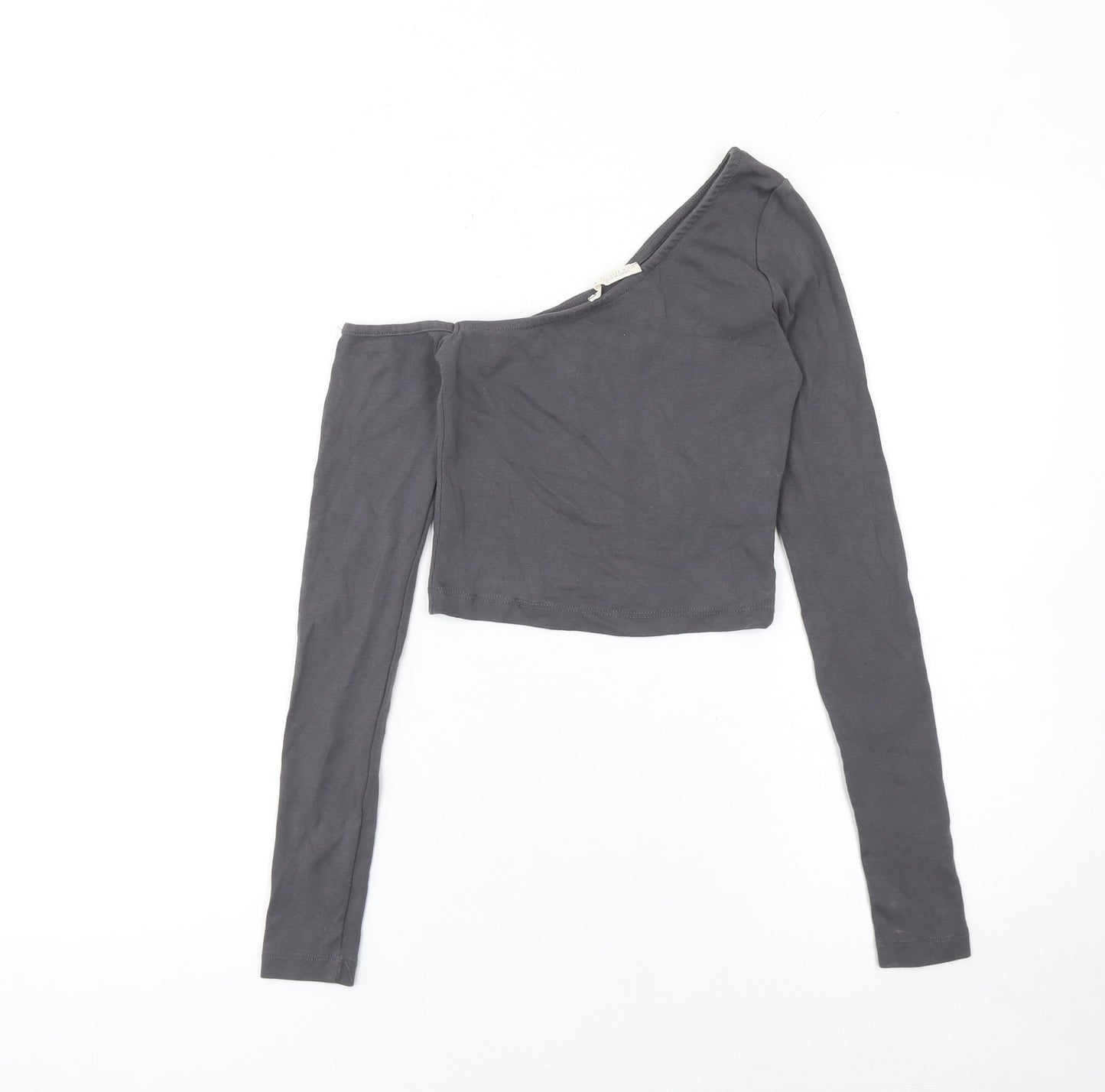 Stradivarius Women’s Grey One Shoulder Cropped Long Sleeve Top Size S