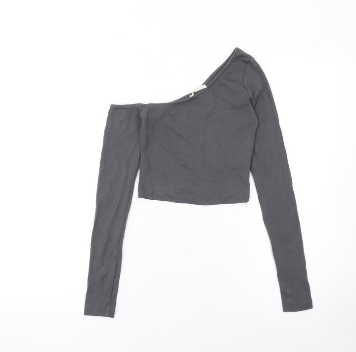 Stradivarius Women’s Grey One Shoulder Cropped Long Sleeve Top Size S
