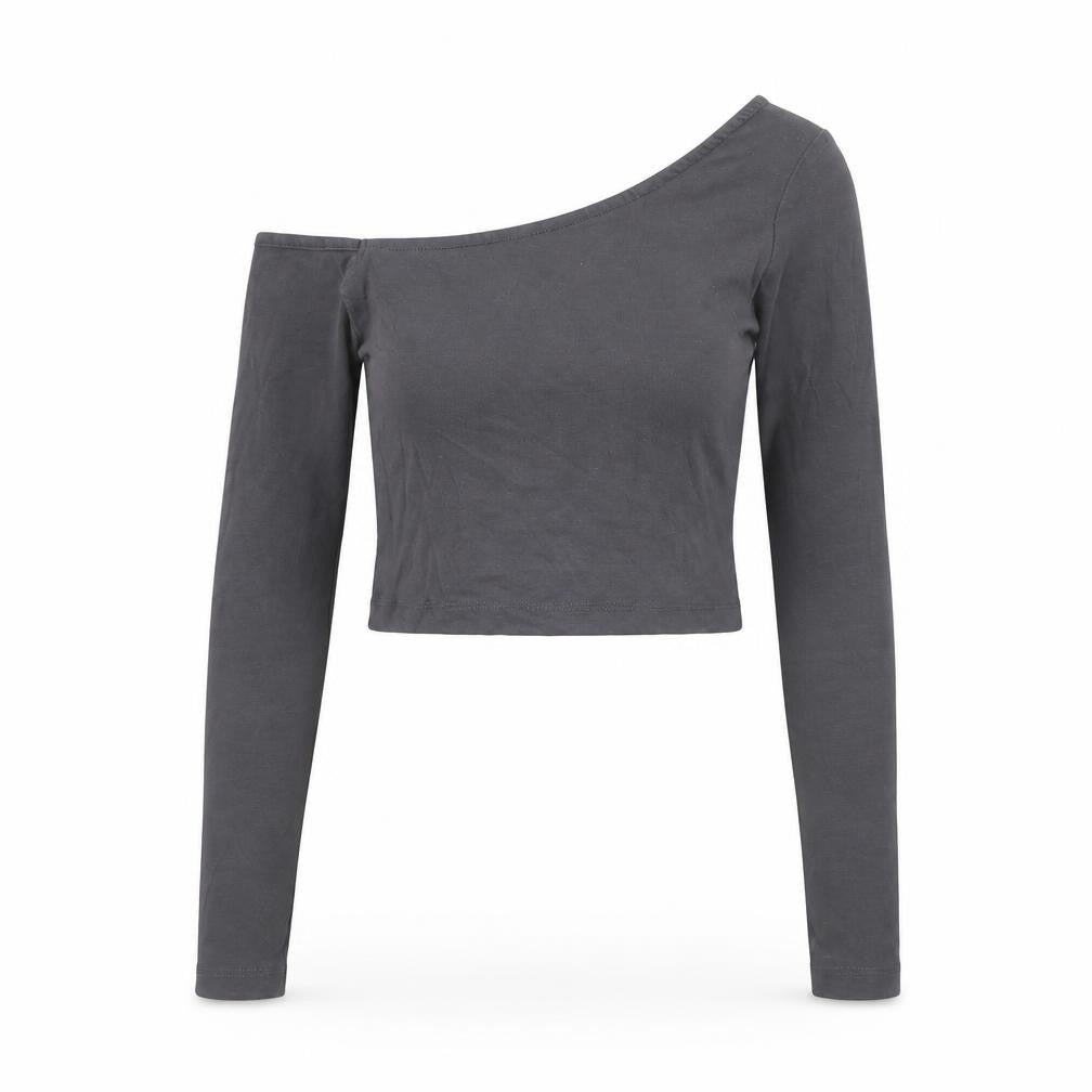 Stradivarius Women’s Grey One Shoulder Cropped Long Sleeve Top Size S