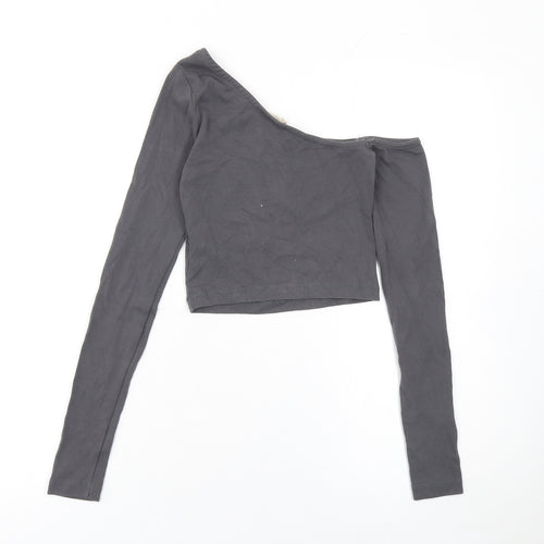 Stradivarius Women’s Grey One Shoulder Cropped Long Sleeve Top Size S