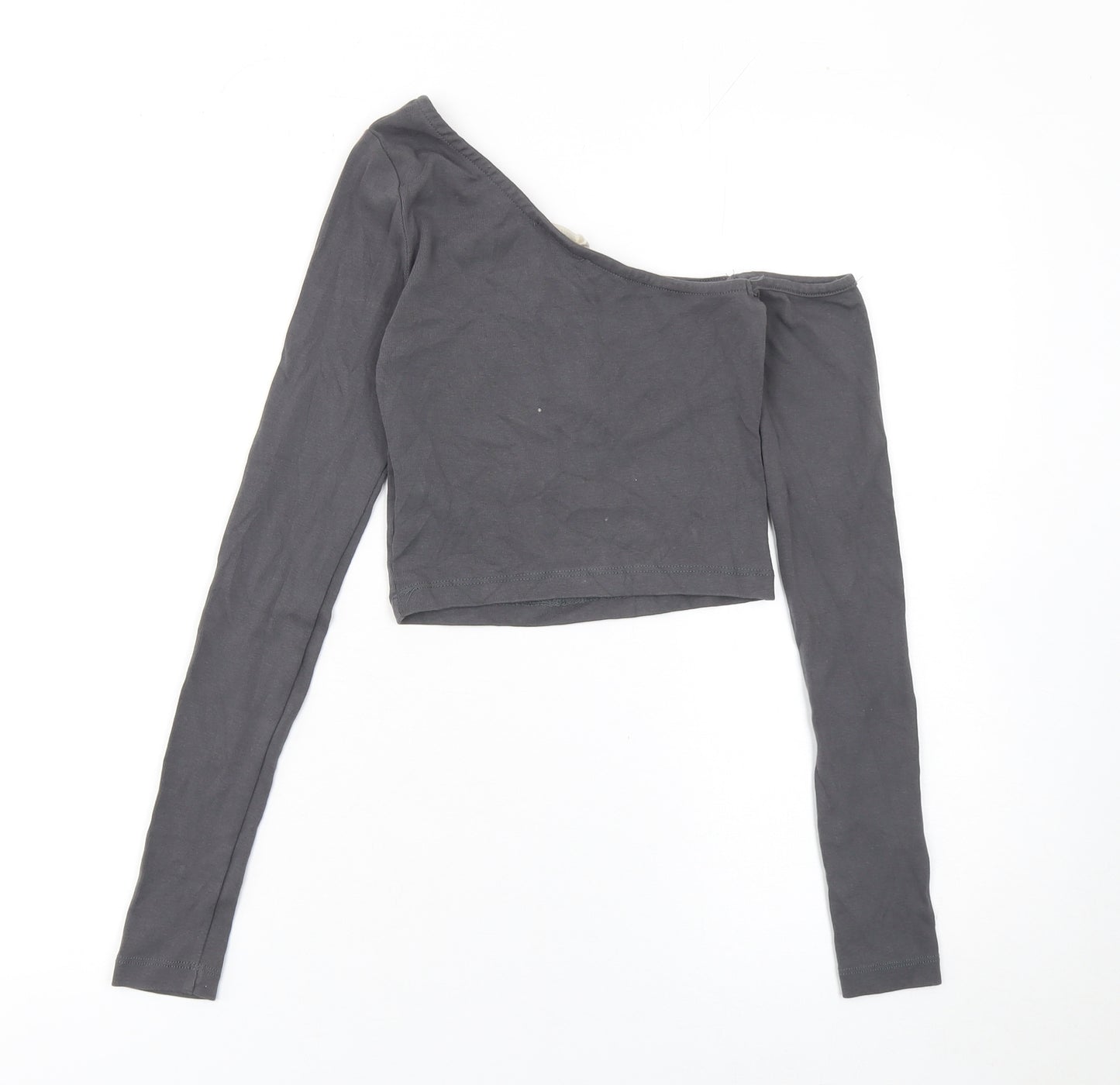 Stradivarius Women’s Grey One Shoulder Cropped Long Sleeve Top Size S
