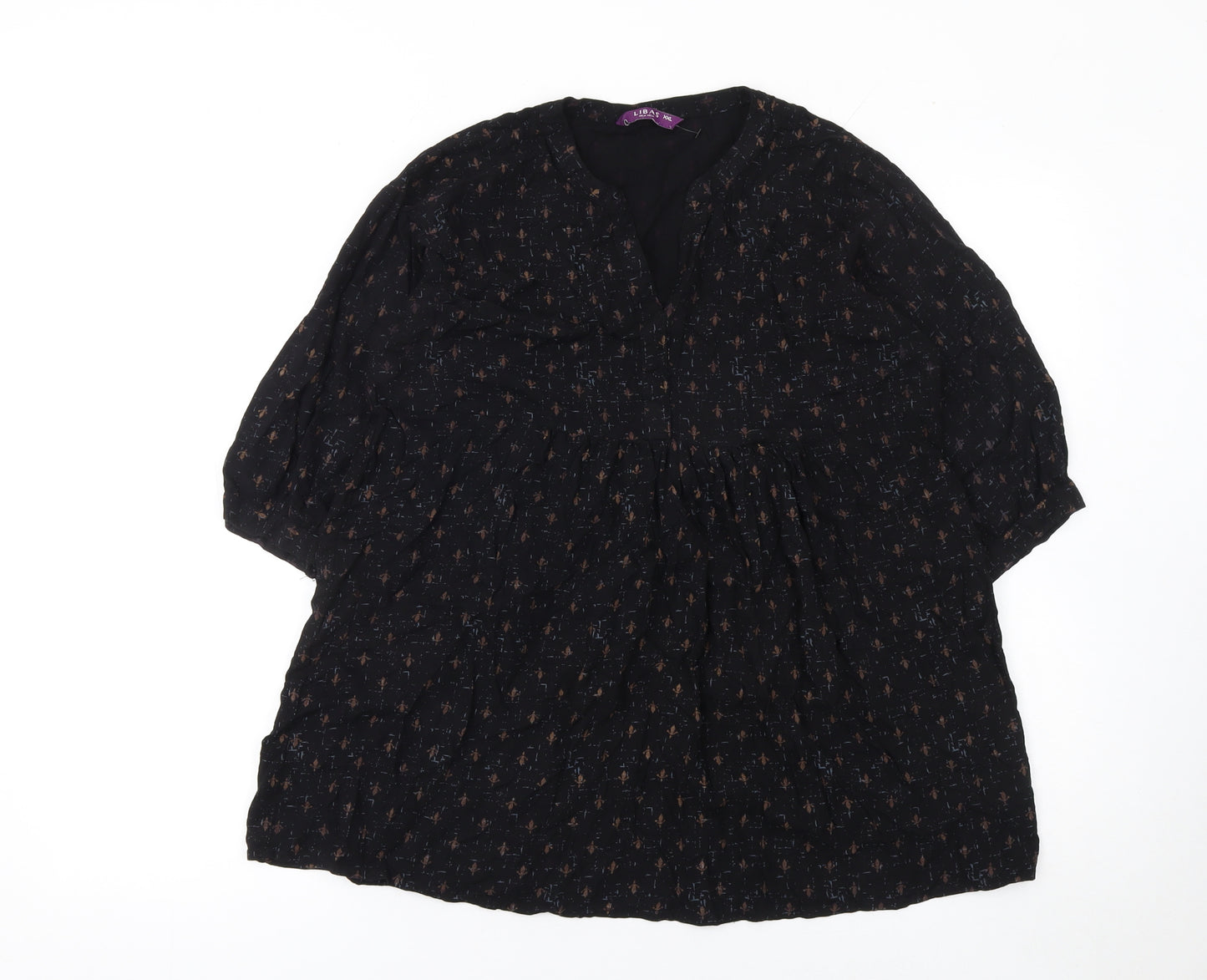 Libas Women’s Black Tunic Blouse 2XL Bohemian Floral 3/4 Sleeve Top