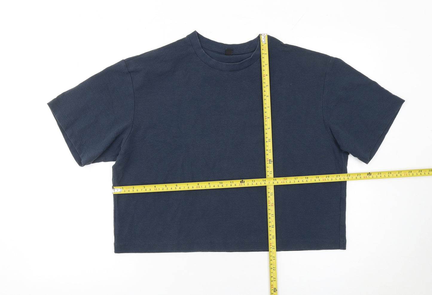 Uniqlo Women Blue Cropped Crew Neck Cotton Blend T-Shirt M