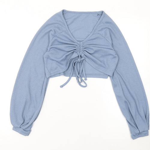 SHEIN Women Blue Cropped V-Neck Ruched Long Sleeve Blouse Top Size S