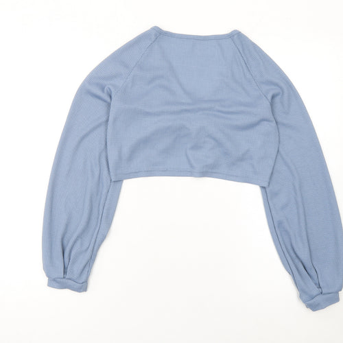 SHEIN Women Blue Cropped V-Neck Ruched Long Sleeve Blouse Top Size S