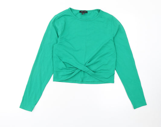 New Look Women's Green Cropped Long Sleeve Twist Front Top Size 12