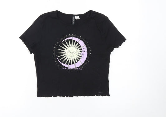 H&M Divided Women's Black Cropped T-Shirt M Moon Sun Print