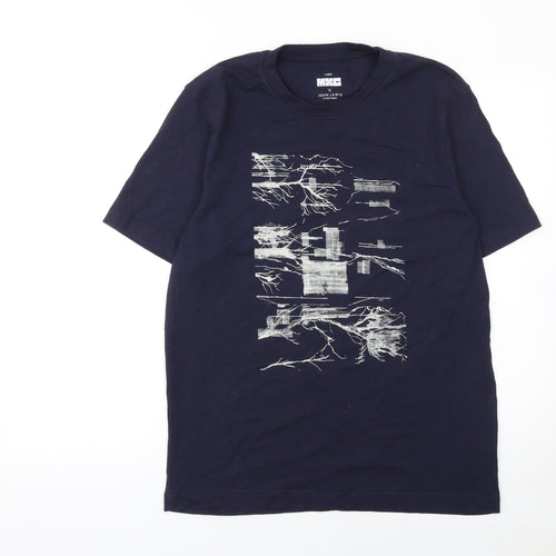John Lewis & Partners Men's Blue Art Graphic Cotton Crew Neck T-Shirt Size L