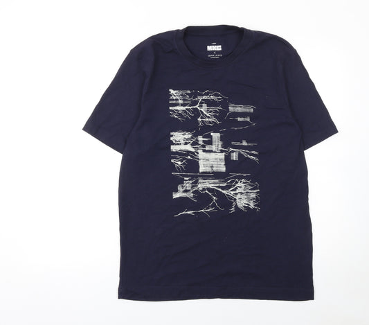 John Lewis & Partners Men's Blue Art Graphic Cotton Crew Neck T-Shirt Size L