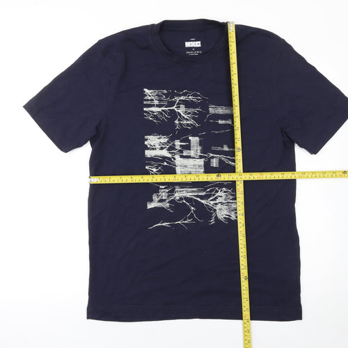 John Lewis & Partners Men's Blue Art Graphic Cotton Crew Neck T-Shirt Size L