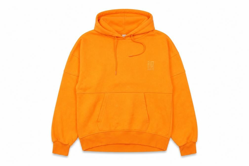 Front view of River Island women’s orange cotton pullover hoodie, size M