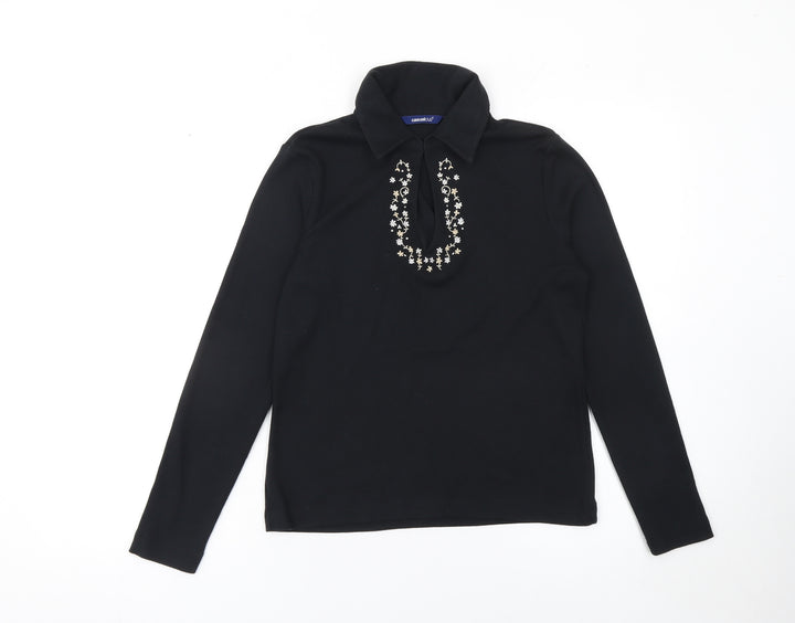 Casual Club Women's Black Collared Beaded Button-Up Top Size 12