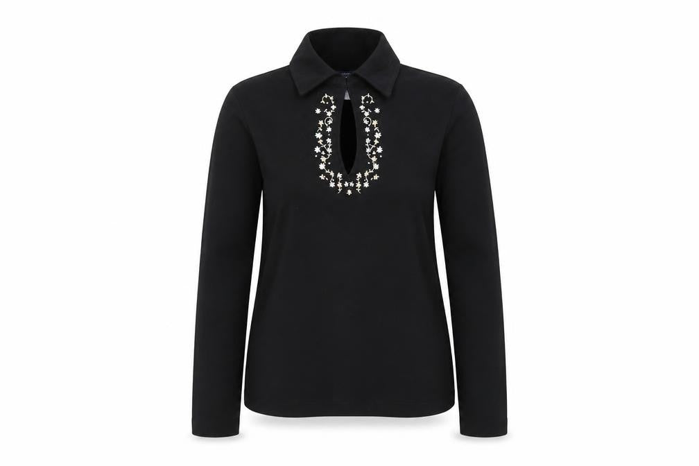 Front view of Casual Club Women's Black Collared Beaded Button-Up Top, size 12