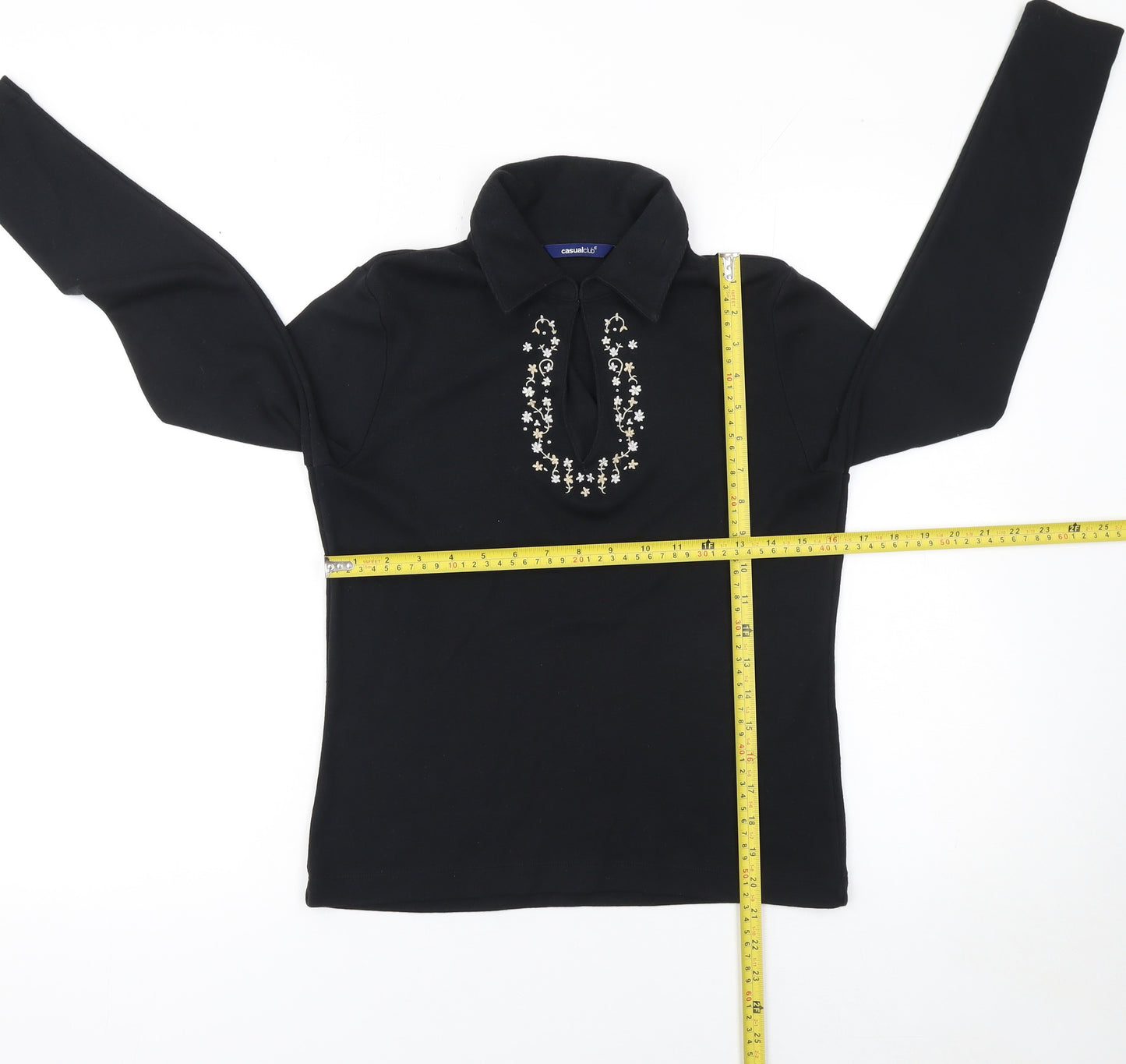 Casual Club Women's Black Collared Beaded Button-Up Top Size 12