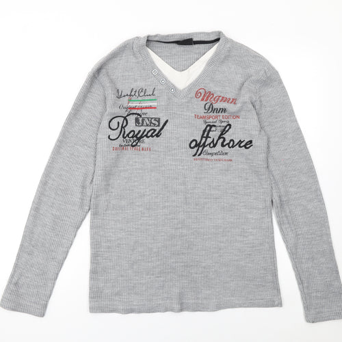 MEGAMAN Mens Grey Henley Knit Jumper M Long Sleeve Sport Style