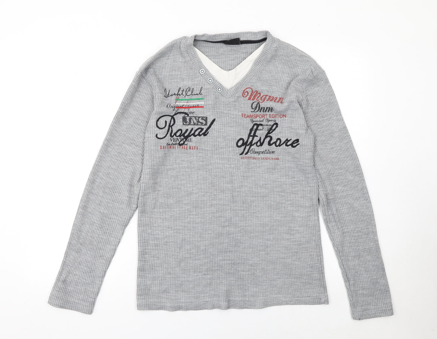 MEGAMAN Mens Grey Henley Knit Jumper M Long Sleeve Sport Style