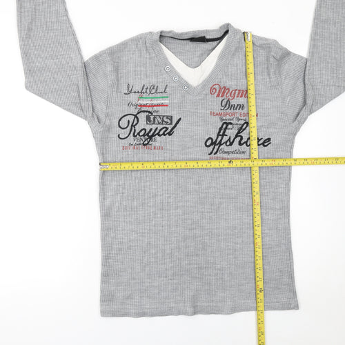 MEGAMAN Mens Grey Henley Knit Jumper M Long Sleeve Sport Style