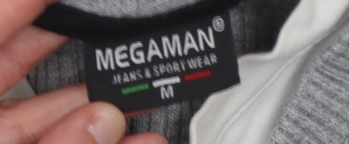 MEGAMAN Mens Grey Henley Knit Jumper M Long Sleeve Sport Style