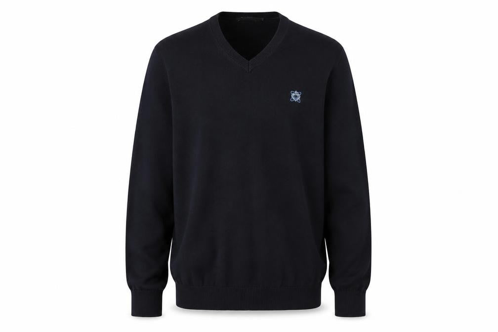 Front view of FULLCIRCLE Men's Black Cotton V-Neck Jumper, size L
