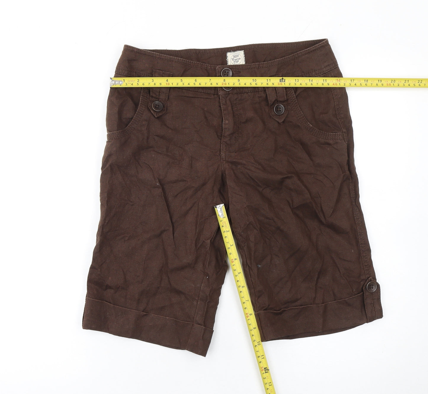 Esprit Women Brown Linen Bermuda Shorts Size 10 Regular Fit Casual