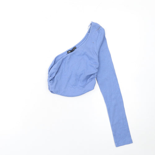 ZARA Women Blue One Shoulder Cropped Long Sleeve Top Size S