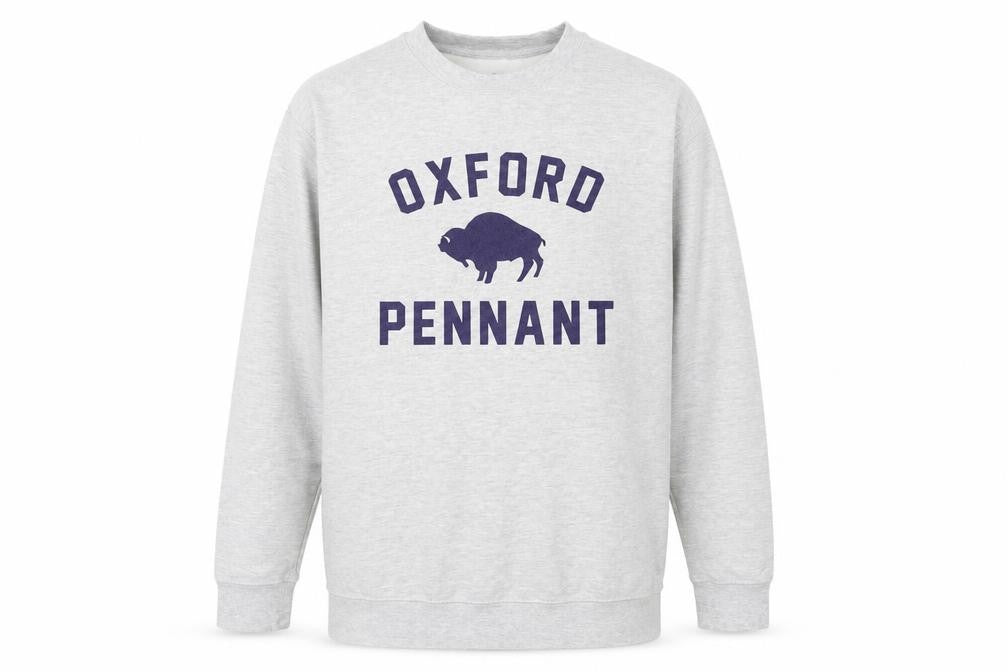 Front view of Oxford Pennant Men's Grey XL Pullover Sweatshirt Crew Neck Logo Design