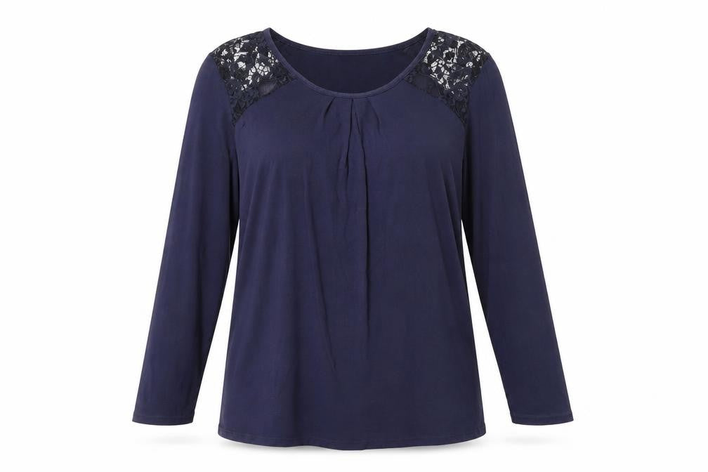Front view of Nicole Women’s Blue Lace Shoulder Jersey Blouse, size M