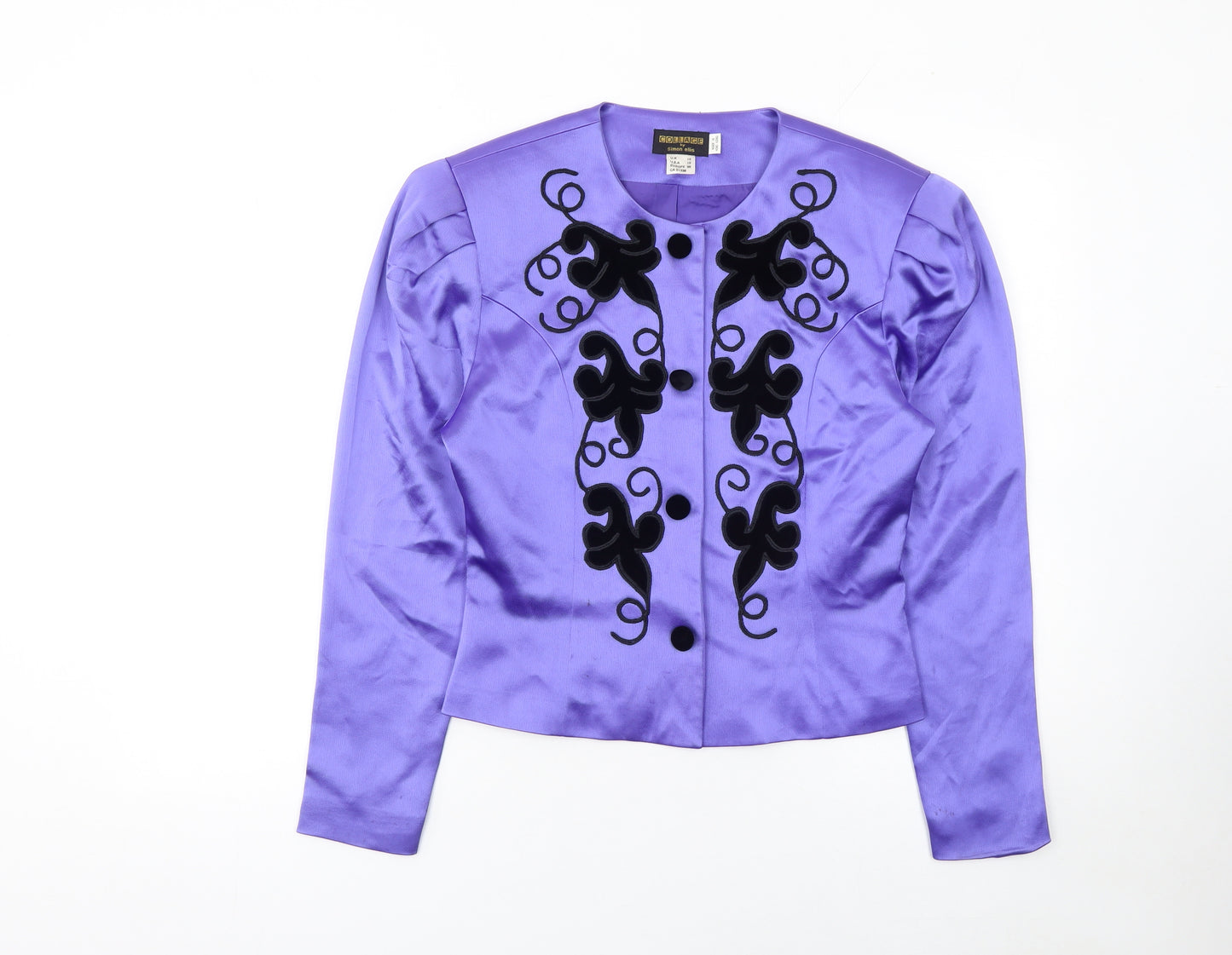 Collage by Simon Ellis Purple Satin Embroidered Jacket UK 12 Women's Vintage Blazer