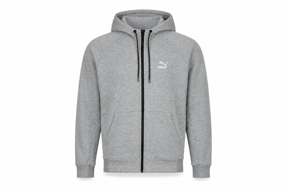 Front view of Puma Men's Grey Full Zip Hooded Track Jacket, size M