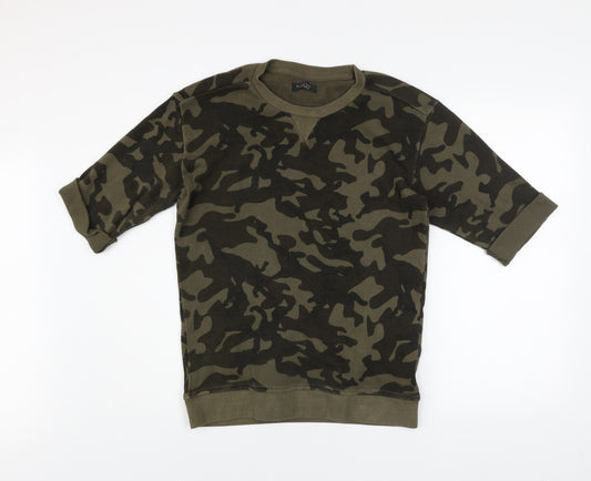 Zara Man Green Camouflage Crew Neck Cotton T-Shirt Size S