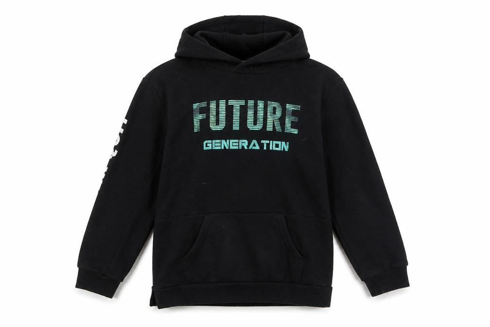 Front view of Primark boys’ black future generation pullover hoodie 9-10 years graphic
