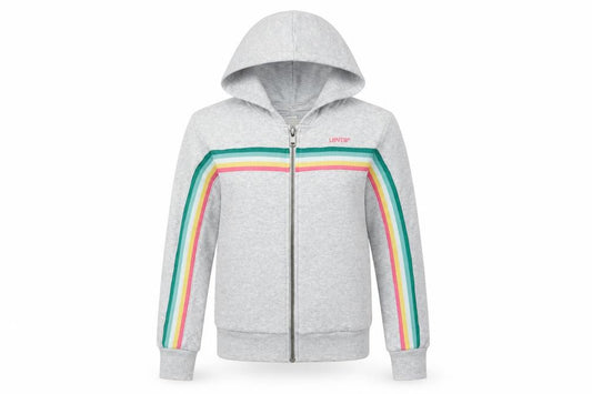 Front view of Levi's girls’ grey rainbow stripe hoodie track jacket 14 years