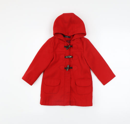 George Girls Red Hooded Duffle Coat 2-3 Years Toggle Fastening Winter Jacket