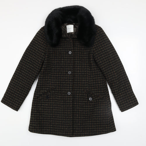 Next Girls Brown Houndstooth Faux Fur Collar Wool Blend Coat 12 Years