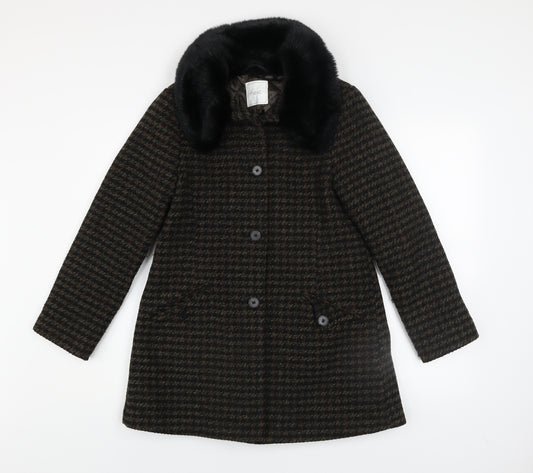Next Girls Brown Houndstooth Faux Fur Collar Wool Blend Coat 12 Years