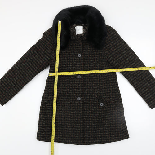 Next Girls Brown Houndstooth Faux Fur Collar Wool Blend Coat 12 Years