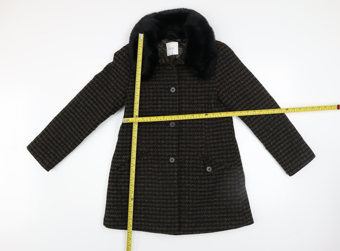 Next Girls Brown Houndstooth Faux Fur Collar Wool Blend Coat 12 Years