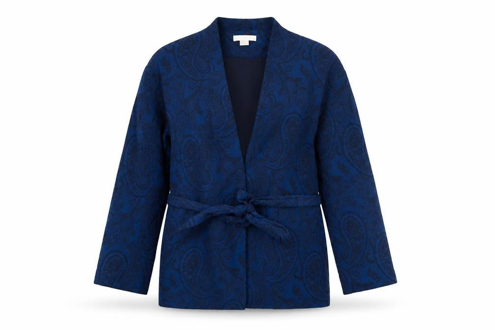 Front view of H&M Women Blue Paisley Belted Kimono Jacket, size L