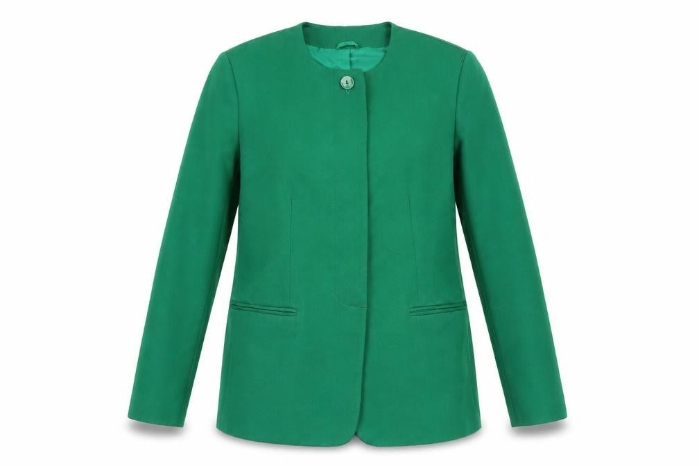 Front view of Hamells Women's Green Blazer, size 12, Lined Formal Jacket