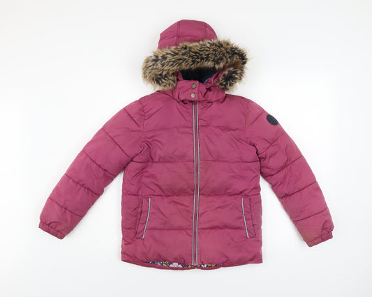 FatFace Girls Pink Hooded Puffer Jacket Coat 9-10 Years Faux Fur Lined Winter