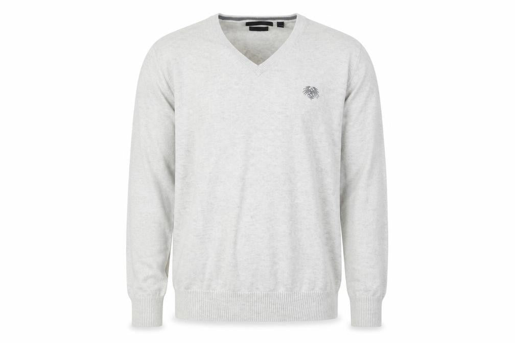 Front view of Soviet men’s grey cotton v-neck jumper m