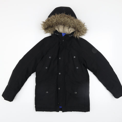 Jack & Jones Boys Black Hooded Faux Fur Trim Parka Coat 12 Years