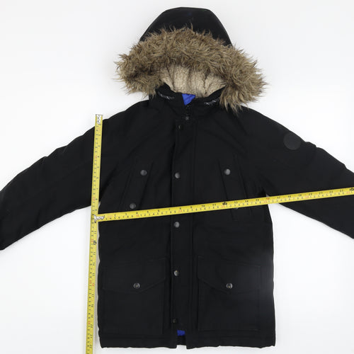 Jack & Jones Boys Black Hooded Faux Fur Trim Parka Coat 12 Years