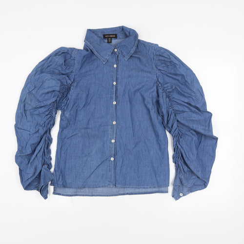 QED London Women Blue Puff Sleeve Chambray Button-Up Shirt Size 10