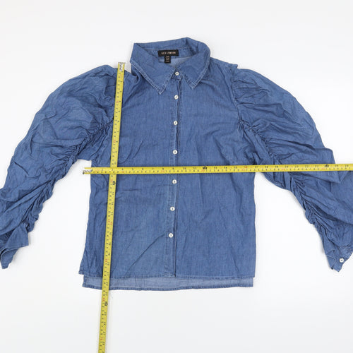 QED London Women Blue Puff Sleeve Chambray Button-Up Shirt Size 10