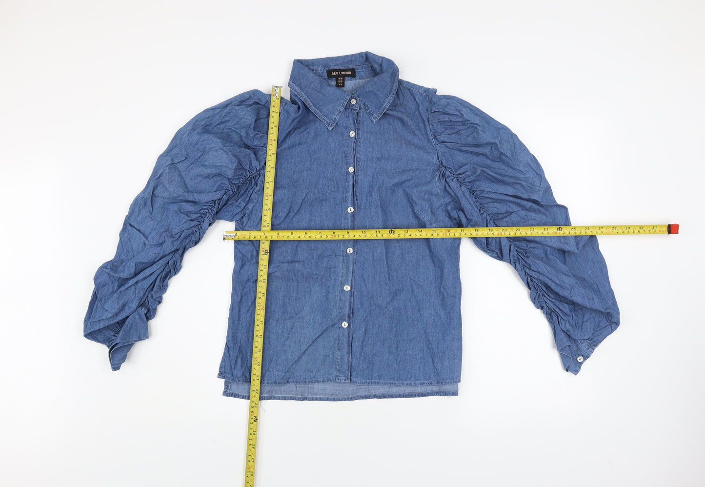 QED London Women Blue Puff Sleeve Chambray Button-Up Shirt Size 10