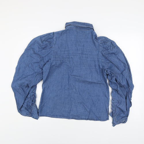 QED London Women Blue Puff Sleeve Chambray Button-Up Shirt Size 10