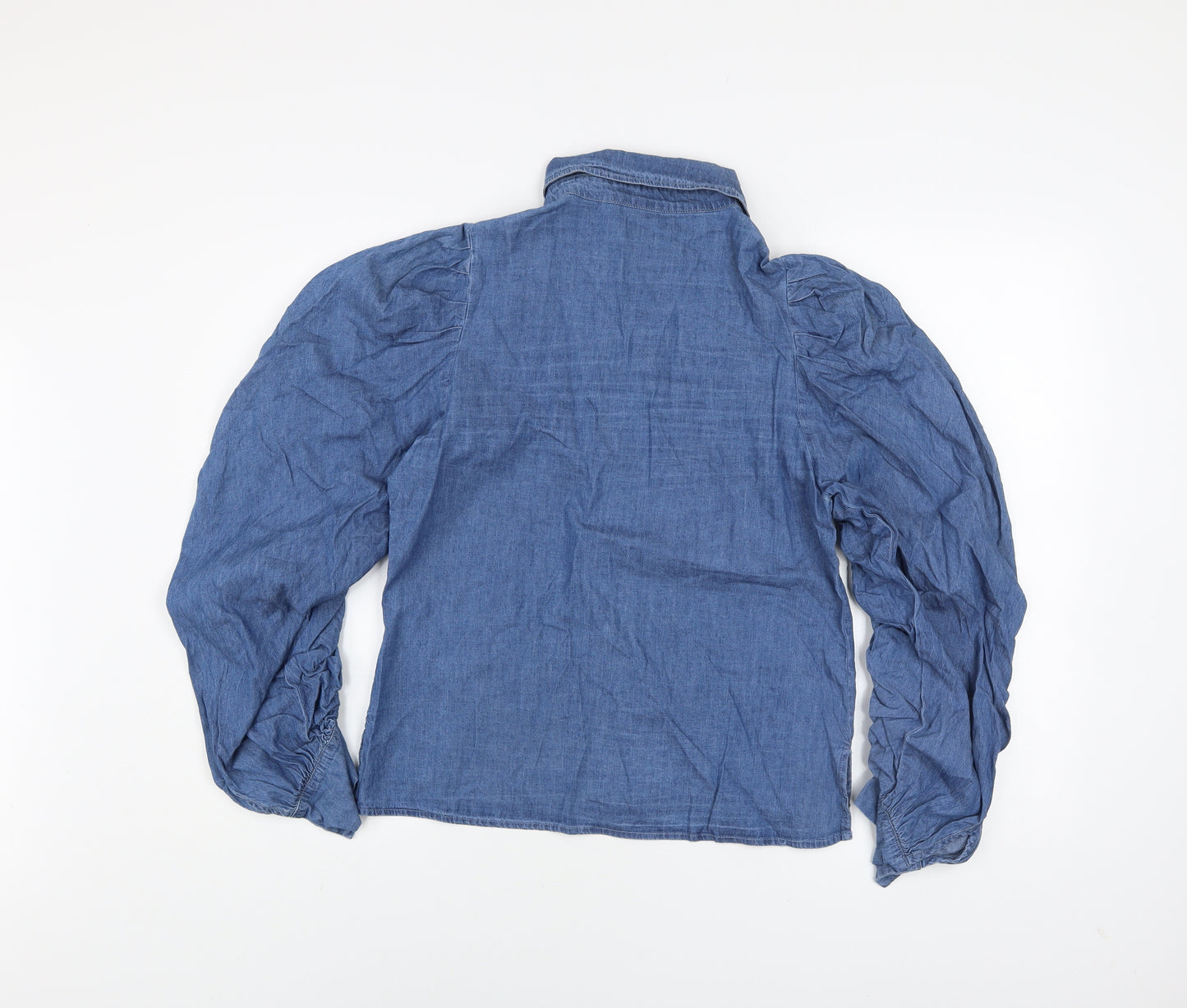 QED London Women Blue Puff Sleeve Chambray Button-Up Shirt Size 10